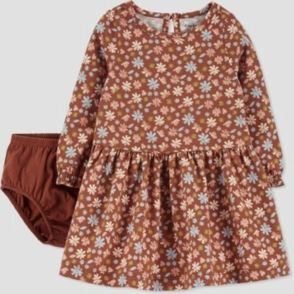 NWT Carter's Baby Girl 2-Piece Dress Set 12 mo Light Brown Floral + Diaper Cover